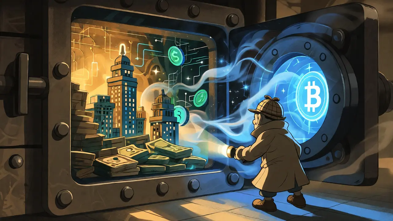 Cartoon detective inspecting a safe containing both Wall Street buildings and digital crypto assets.