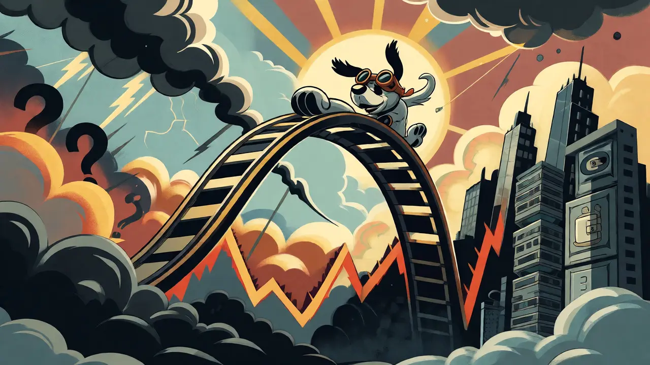 Cartoon dog riding a volatile price chart rollercoaster