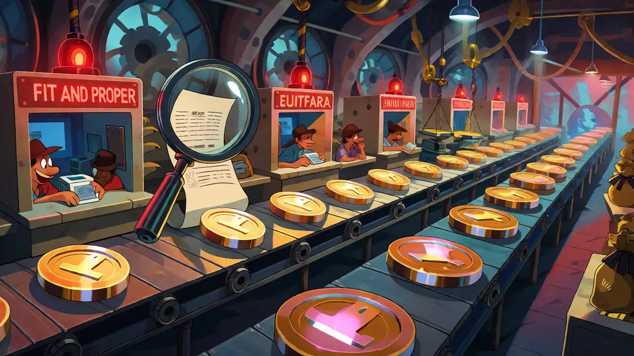 Cartoon factory assembly line processing crypto licenses and tokens