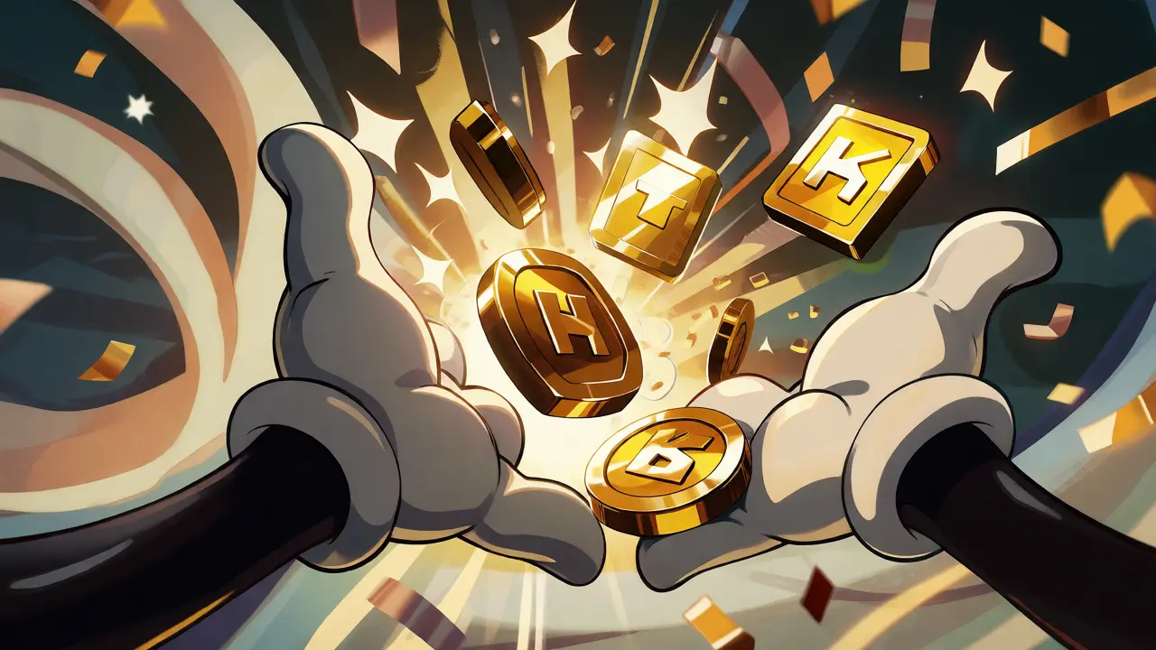 Cartoon hands catching falling golden NFT tokens amidst confetti