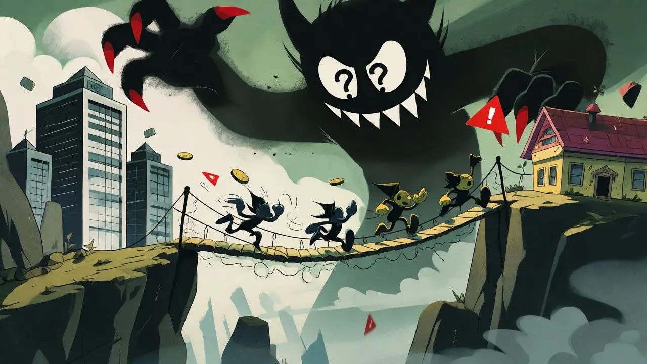 Cartoon investors crossing a shaky bridge under a security monster's gaze.