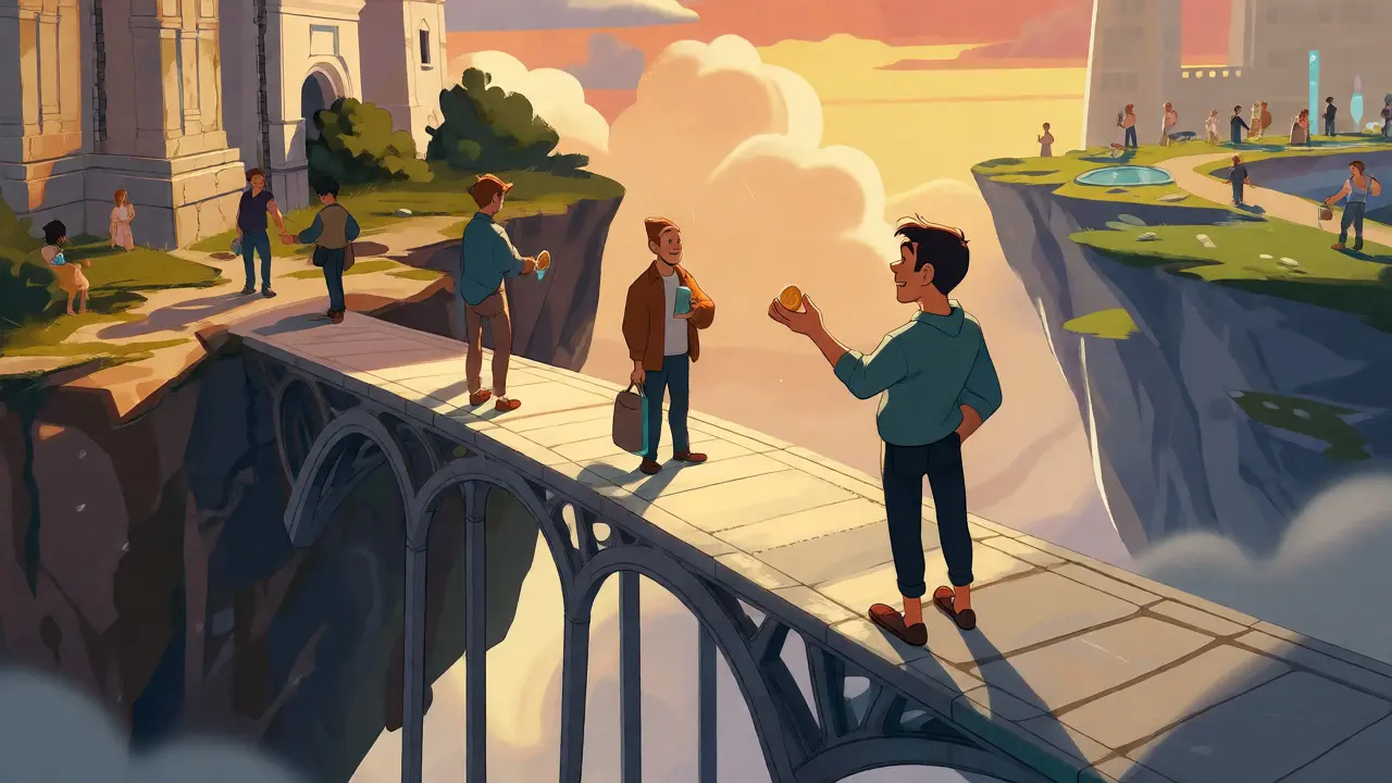 Character on a modern island holding a small coin, looking back at an old bridge.