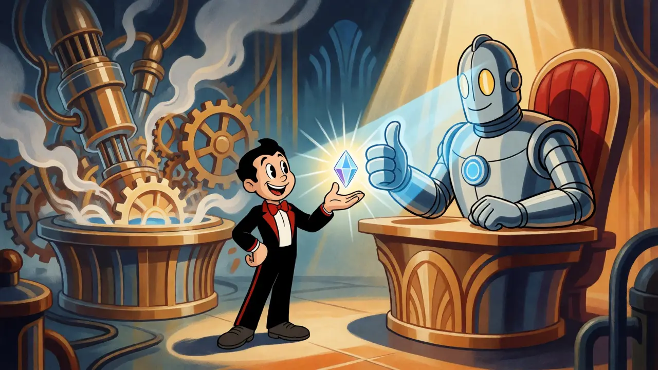 Character presenting a small glowing proof to a robot judge in a lab.