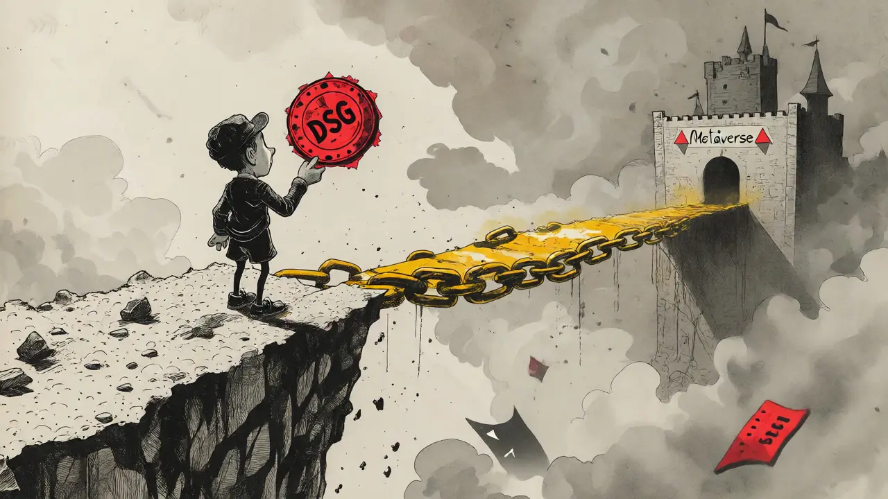 Character standing at the edge of an abyss holding a fragile token toward a distant goal.