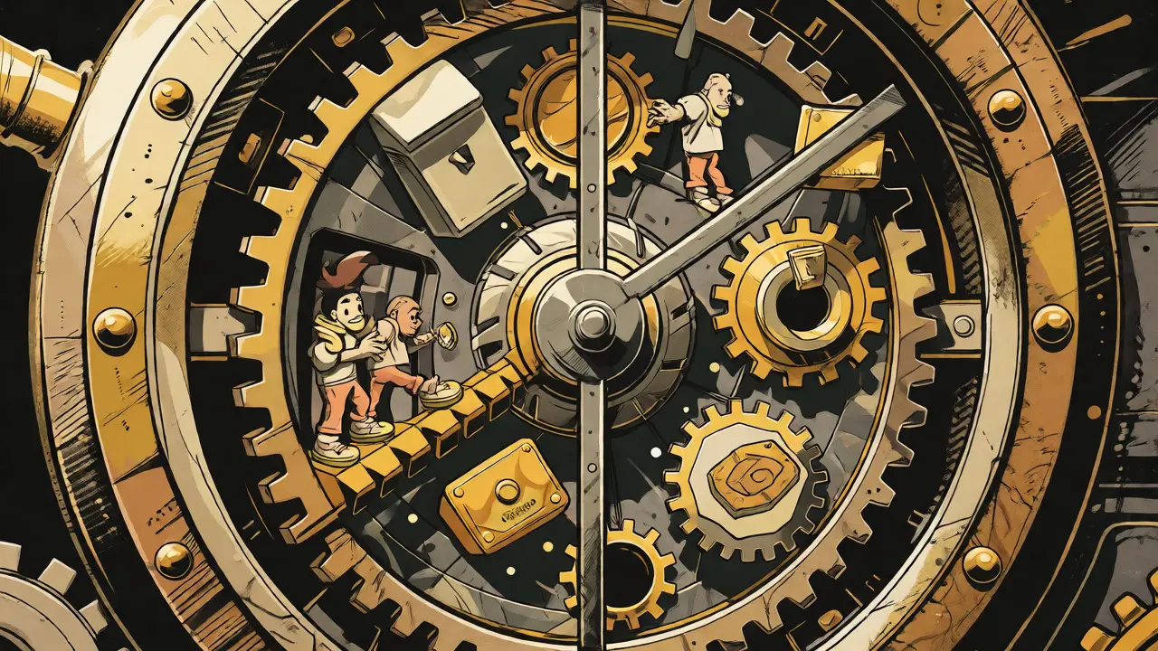 Clockwork mechanism visualizing EMC tokenomics and hardware provider rewards.