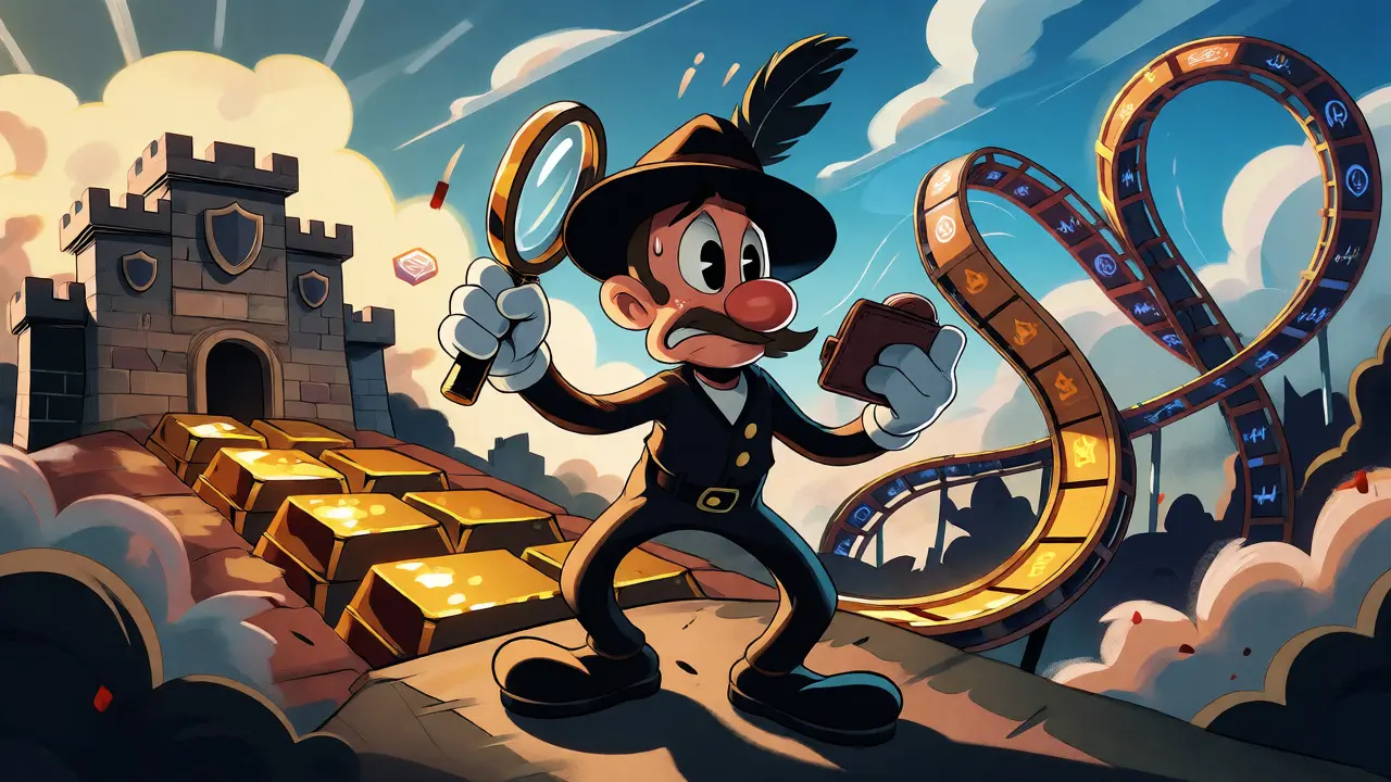 Confused cartoon trader at a crossroads between a secure fortress and a chaotic financial rollercoaster.