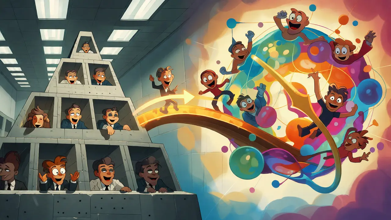 Contrast between rigid corporate hierarchies and fluid decentralized networks in a split-screen illustration.