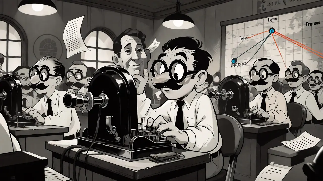 Disguised operatives work at vintage computers in a chaotic office, hiding their true identities.