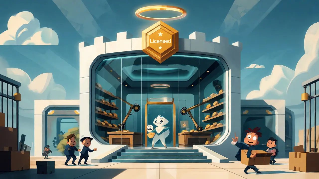 Fortress-like licensed exchange with orderly robots and a guiding mascot, representing regulated crypto markets.