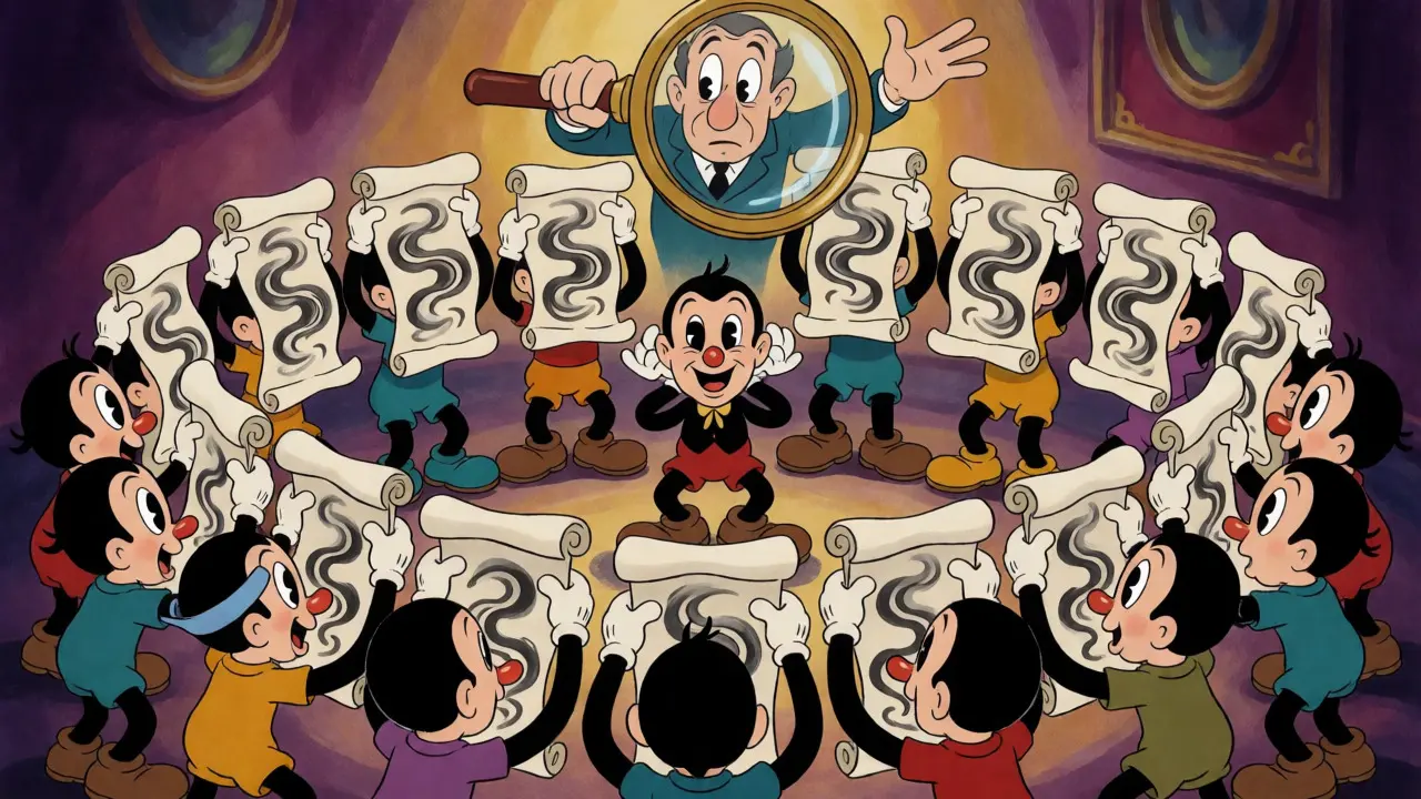 Group of masked figures blending signatures to confuse an inspector in a ring.