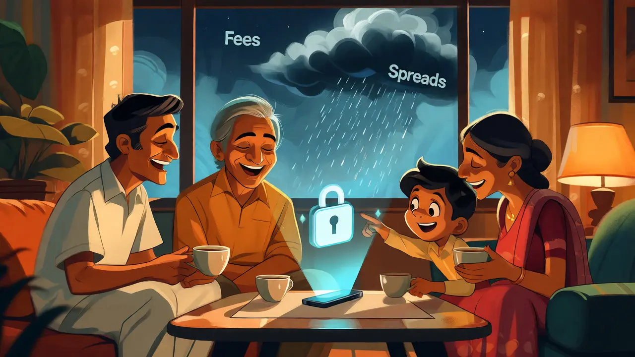 Happy family relaxing with a secure crypto app hologram in a retro home.