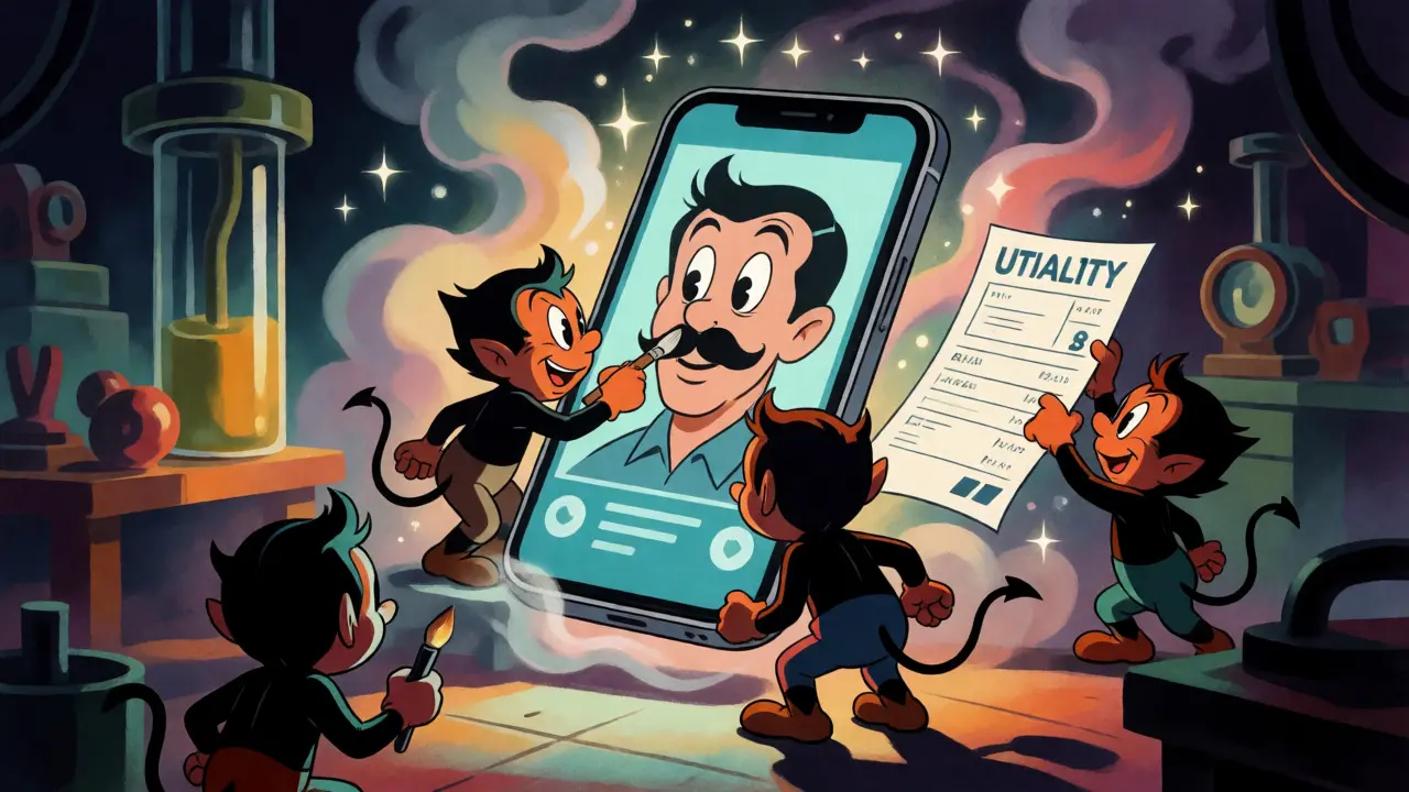 Impish cartoon figures digitally altering a photo and documents on a floating smartphone screen.