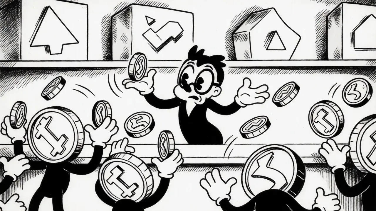 Nervous trader juggling unstable micro-cap crypto coins amidst large exchange blocks.