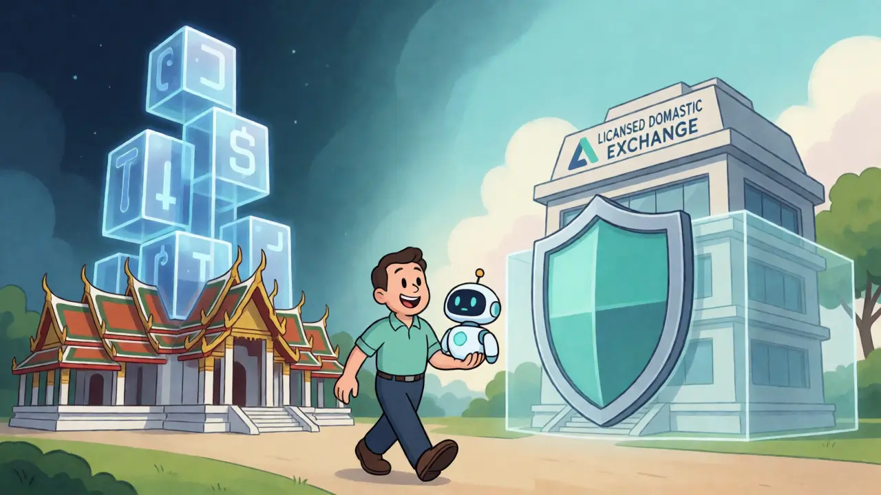 Optimistic view of blockchain rising from Thai temples alongside secure exchanges.