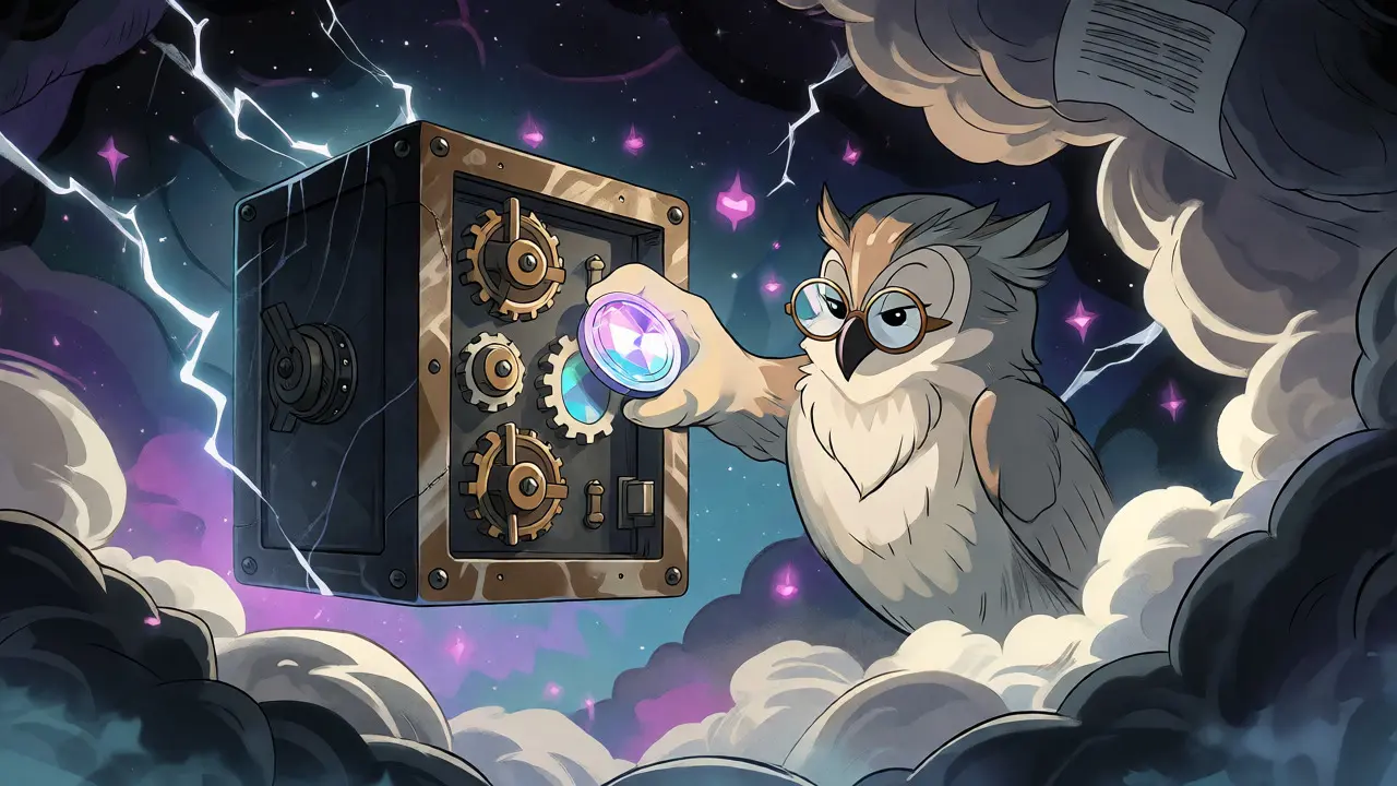 Owl placing coin in armored safe amidst chaotic regulatory storm clouds