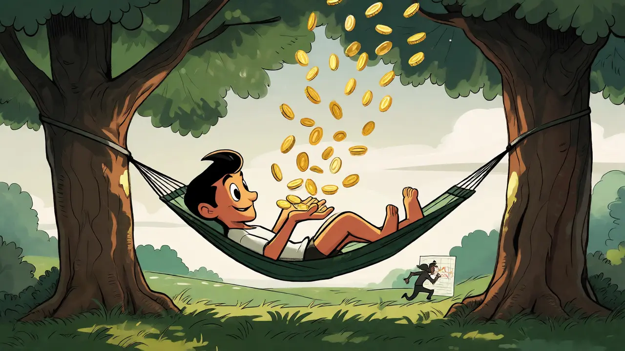 Relaxed character collecting falling coins in a peaceful garden setting
