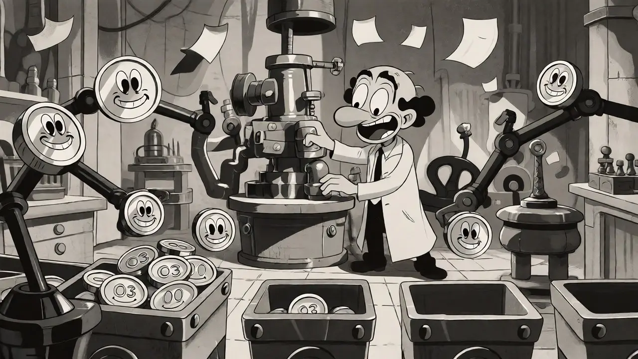 Retro lab scene sorting O3 tokens with mechanical arms
