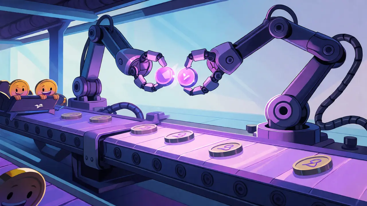 Robotic arms smoothly swapping tokens on a fast, clean conveyor belt