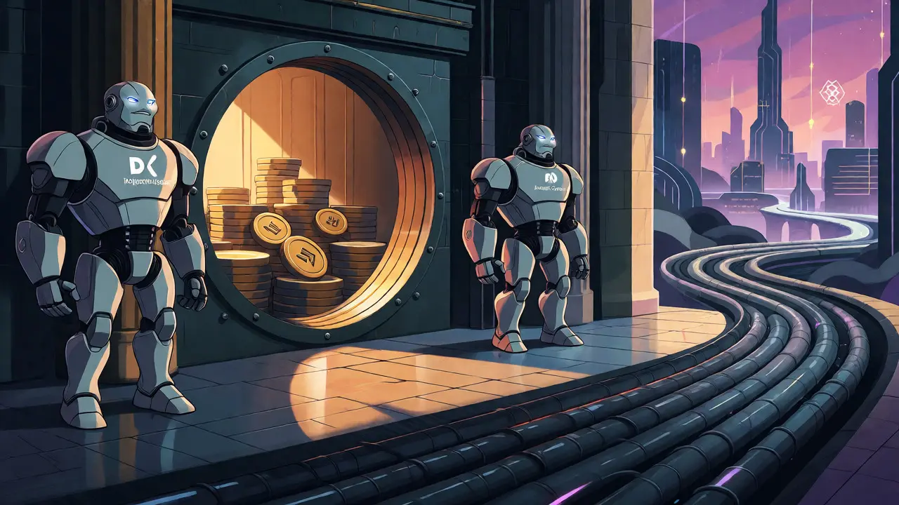 Robotic guards protecting digital coin vaults leading to a futuristic AI city.