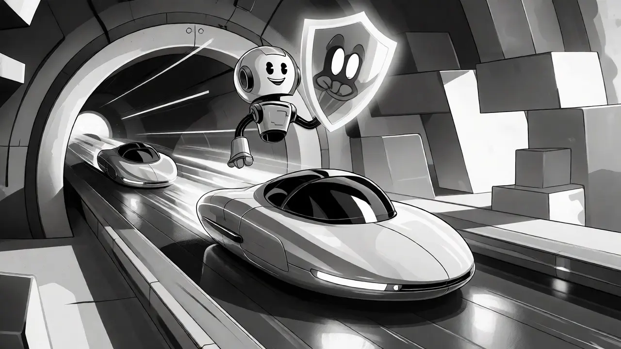 Sleek vehicles speeding through an express lane guided by a robotic verifier.