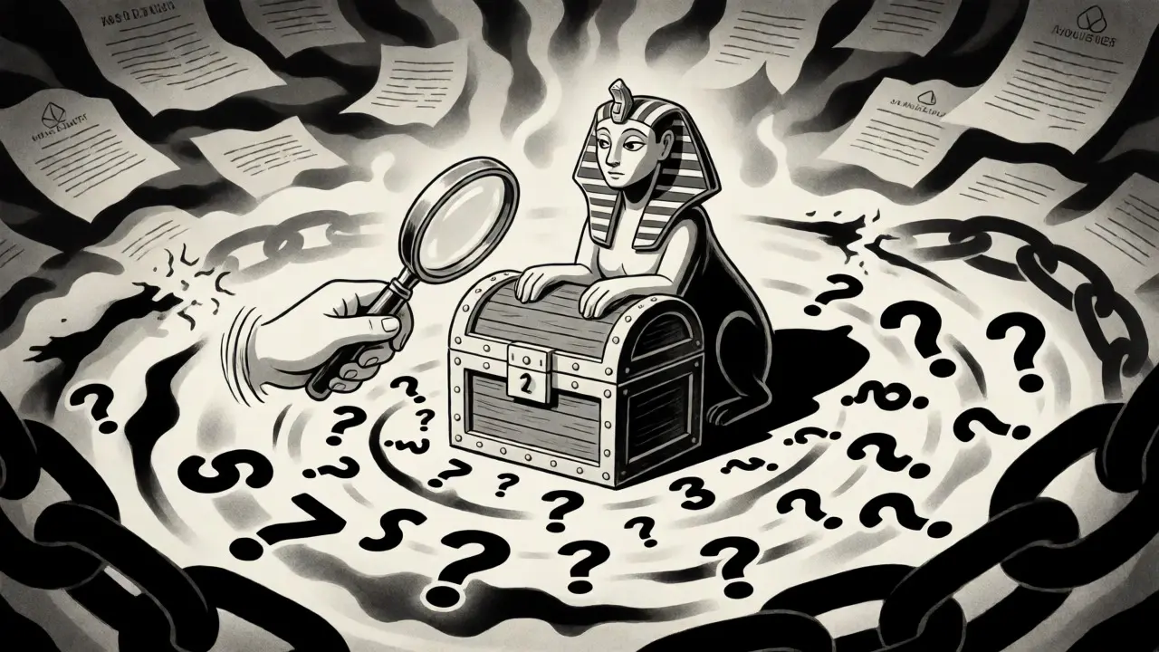 Sphinx guarding a treasure chest in a vortex of numbers, symbolizing crypto uncertainty.