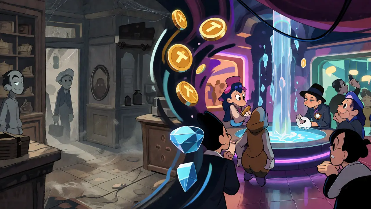 Split illustration contrasting a dull, empty NFT shop with a vibrant, token-fueled marketplace full of activity.