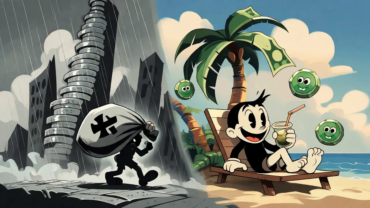 Split view of a gloomy coin-city versus a sunny tropical island with money-tree palms.