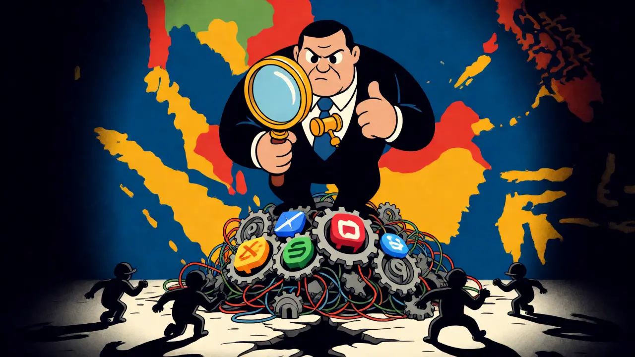 Stern regulator inspecting tangled crypto machinery and fleeing scammers.