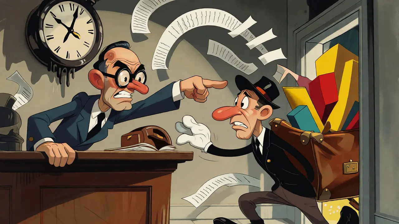 Stressed traveler struggling with a bulging suitcase against a stern tax official and swirling papers.