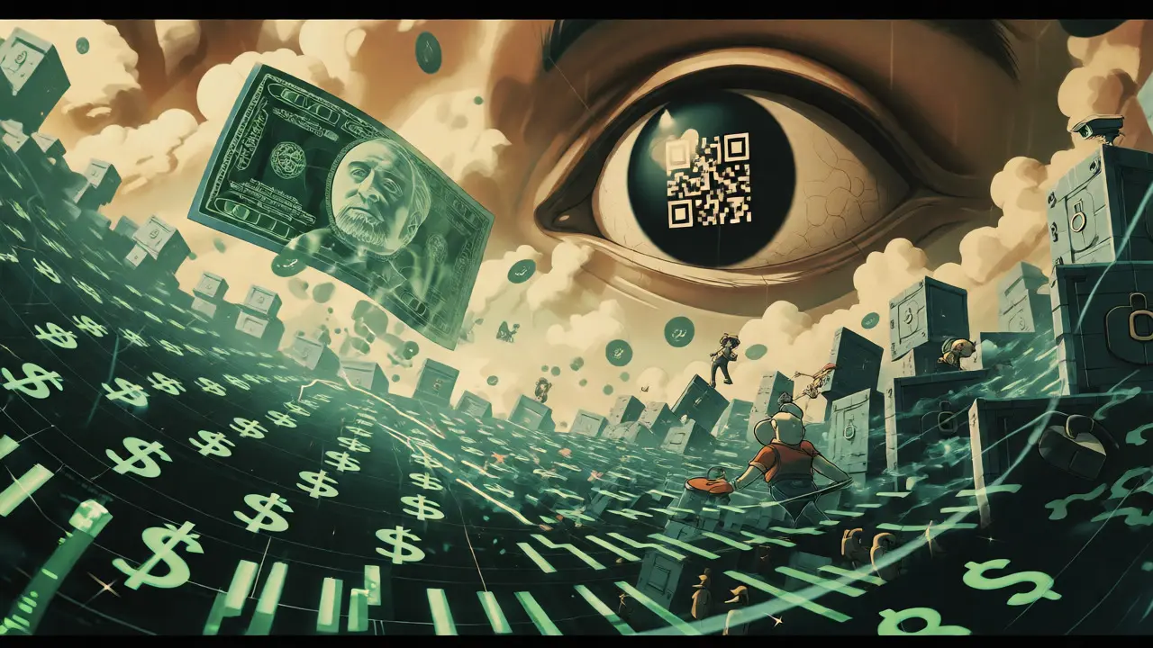 Surreal digital landscape showing state surveillance over Iranian cryptocurrency markets.