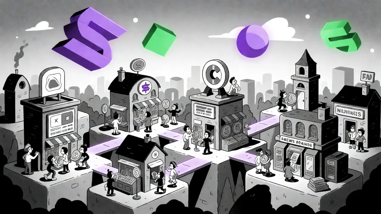Surreal Fleischer-style cityscape representing the interconnected Web3 creator economy on Solana.