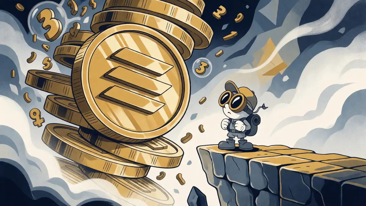 Surreal illustration of a character facing giant floating coins and zeros