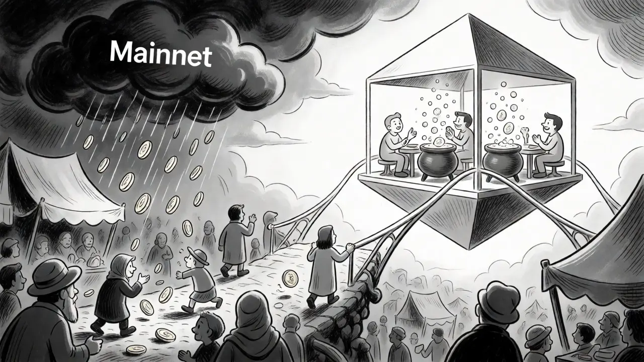 Surreal marketplace contrasting expensive Mainnet with efficient zkSync