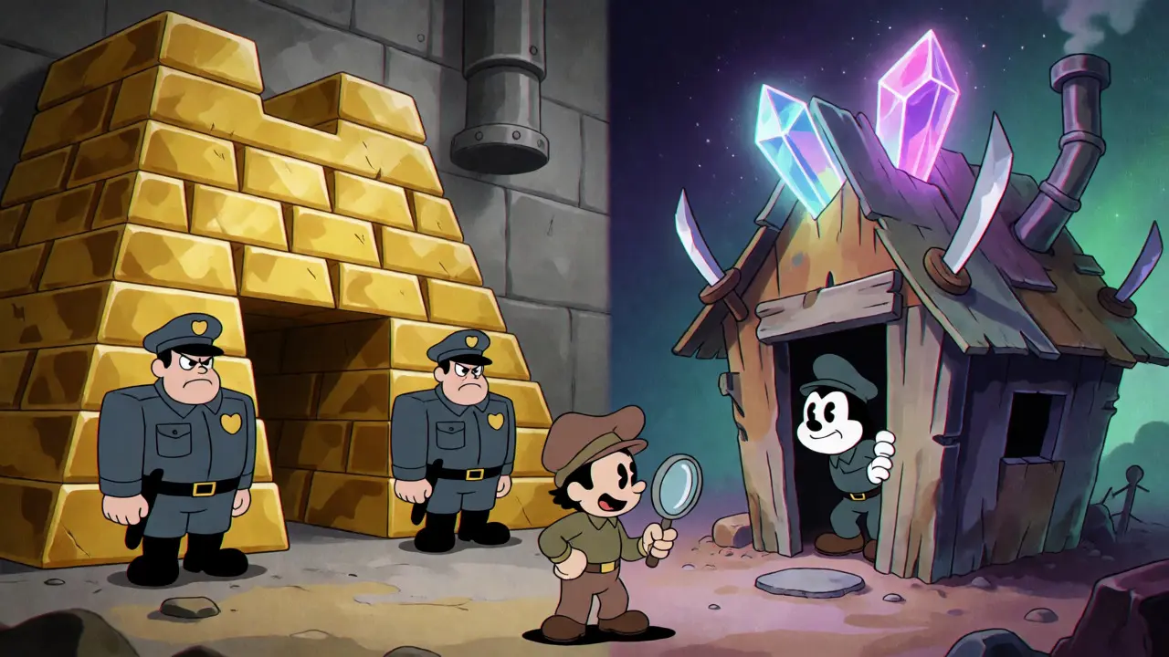 Trader comparing a rigid gold fortress to a quirky crystal shack in cartoon art.