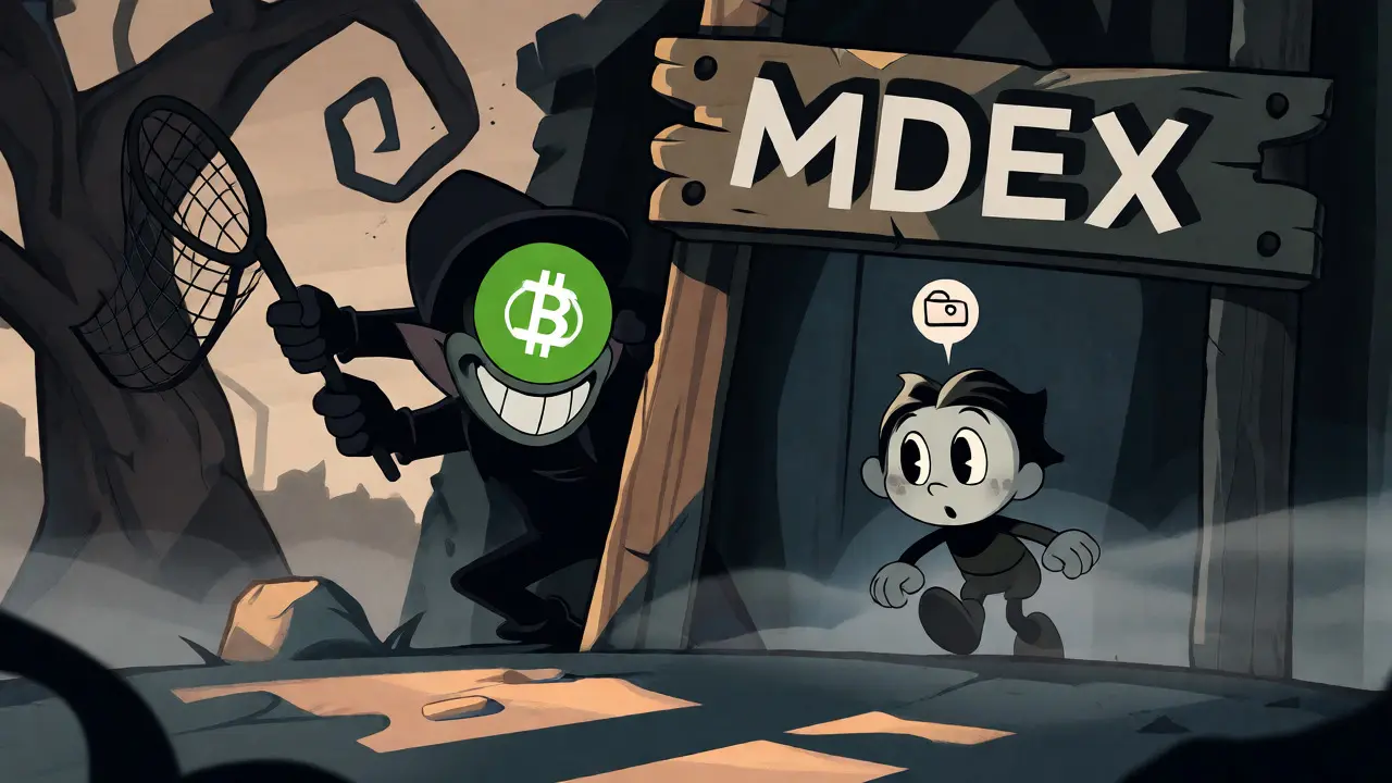 Villainous cartoon figure hiding behind a signpost to trap a crypto user.