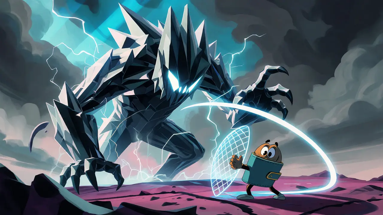 A quantum computer monster looming over a wallet protected by a lattice-based shield.