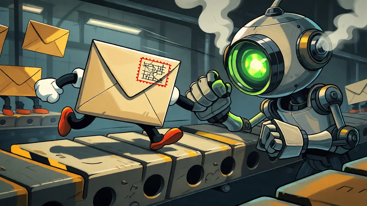 A robotic inspector verifying a running envelope transaction on a blockchain conveyor belt.