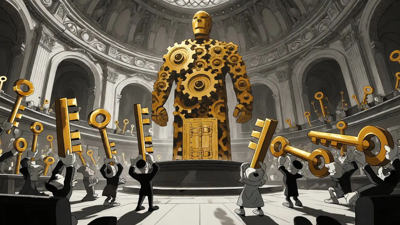 Animated courtroom scene where characters hold heavy golden keys before a treasury figure.