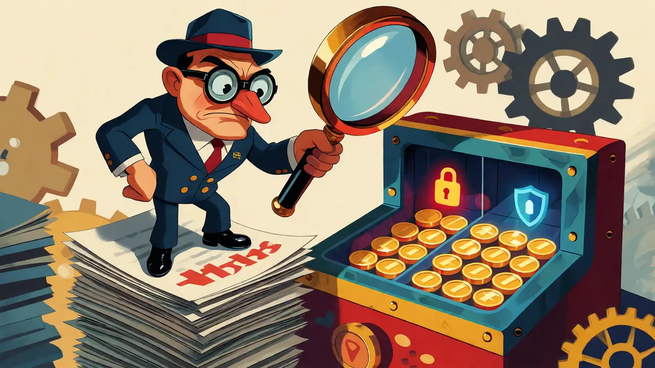 Animated inspector overseeing a digital vault with segregated crypto assets and paperwork.