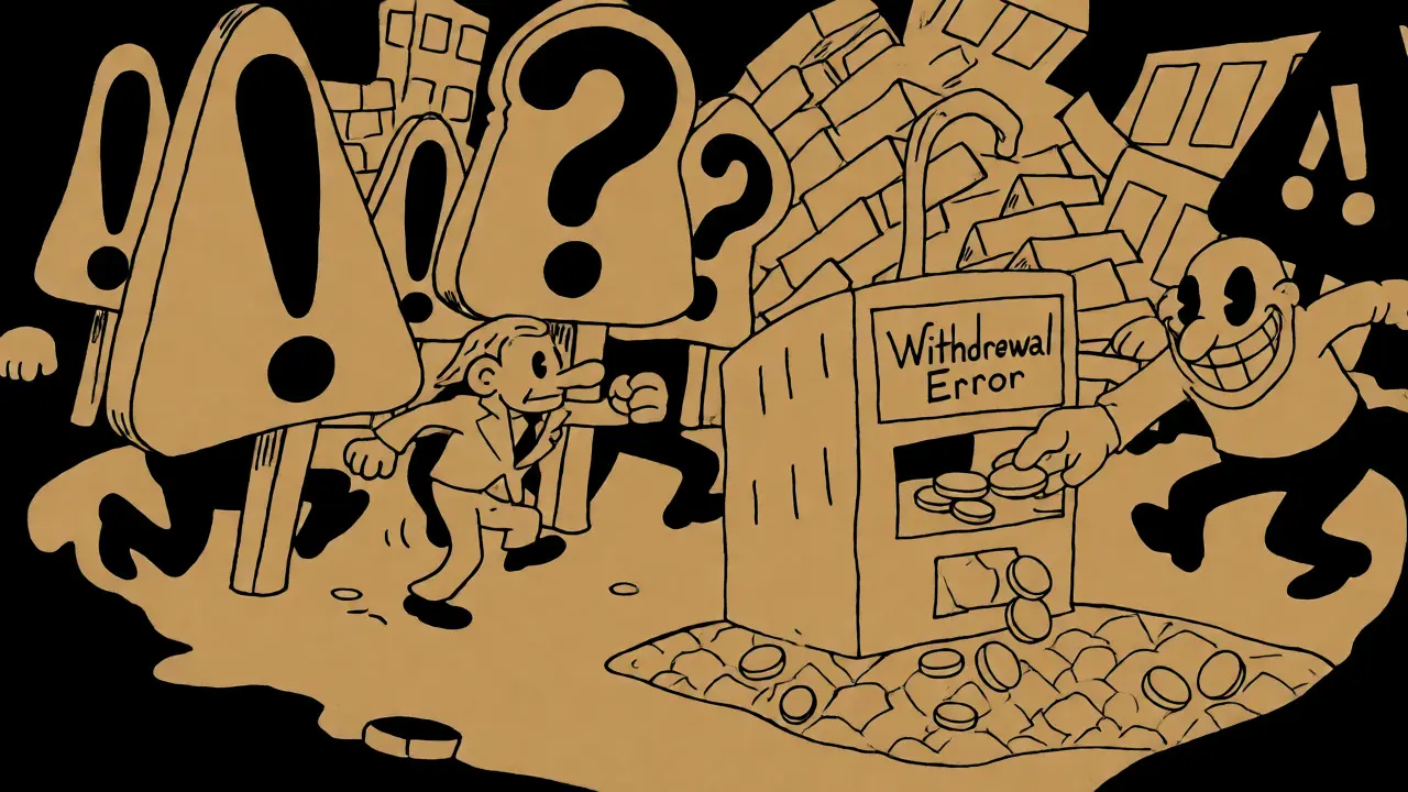 Animated investor dodging giant warning signs near a faulty withdrawal machine.