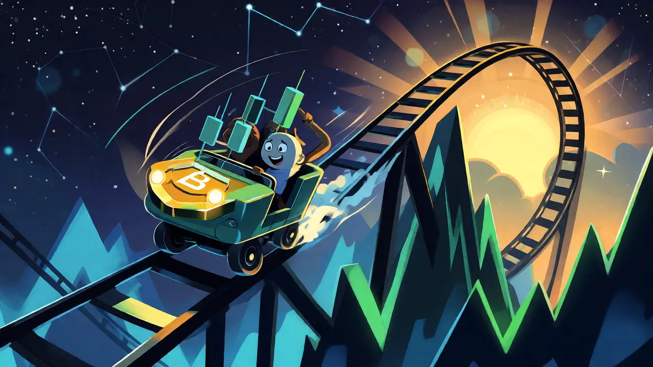 Cartoon characters riding a volatile crypto rollercoaster towards a bright future