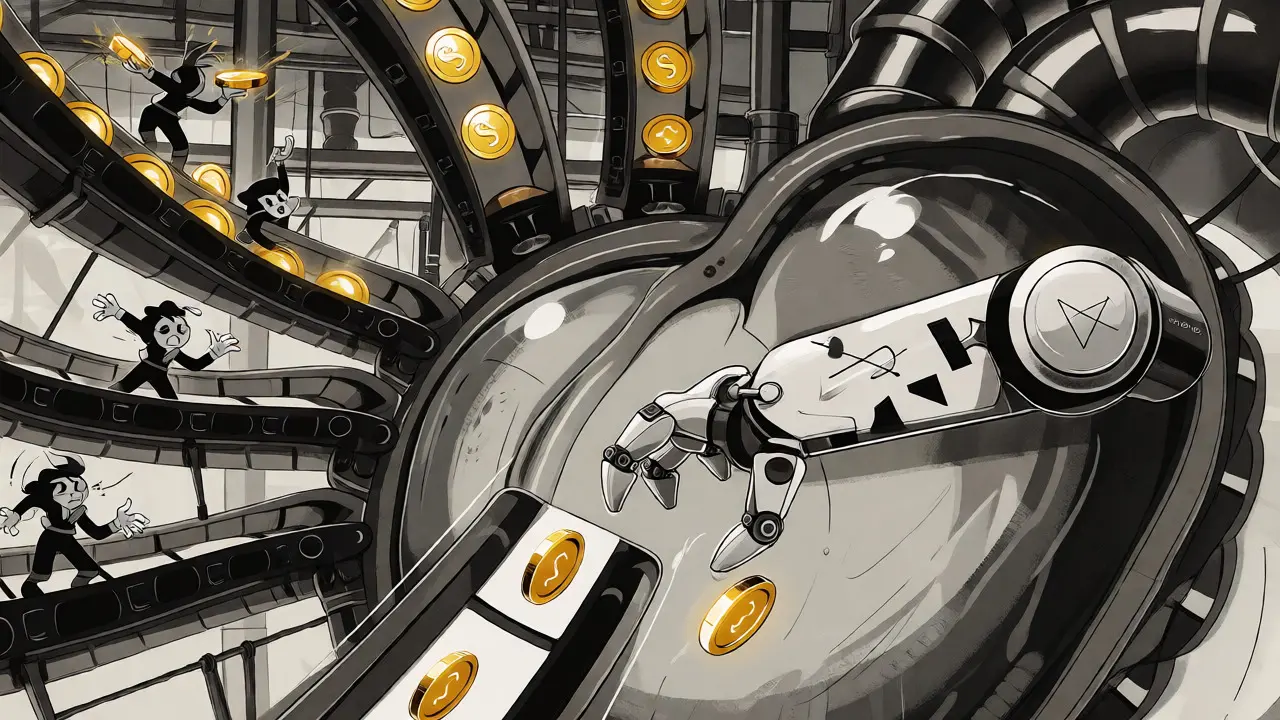 Cartoon factory showing dynamic V4 DEX liquidity mechanics