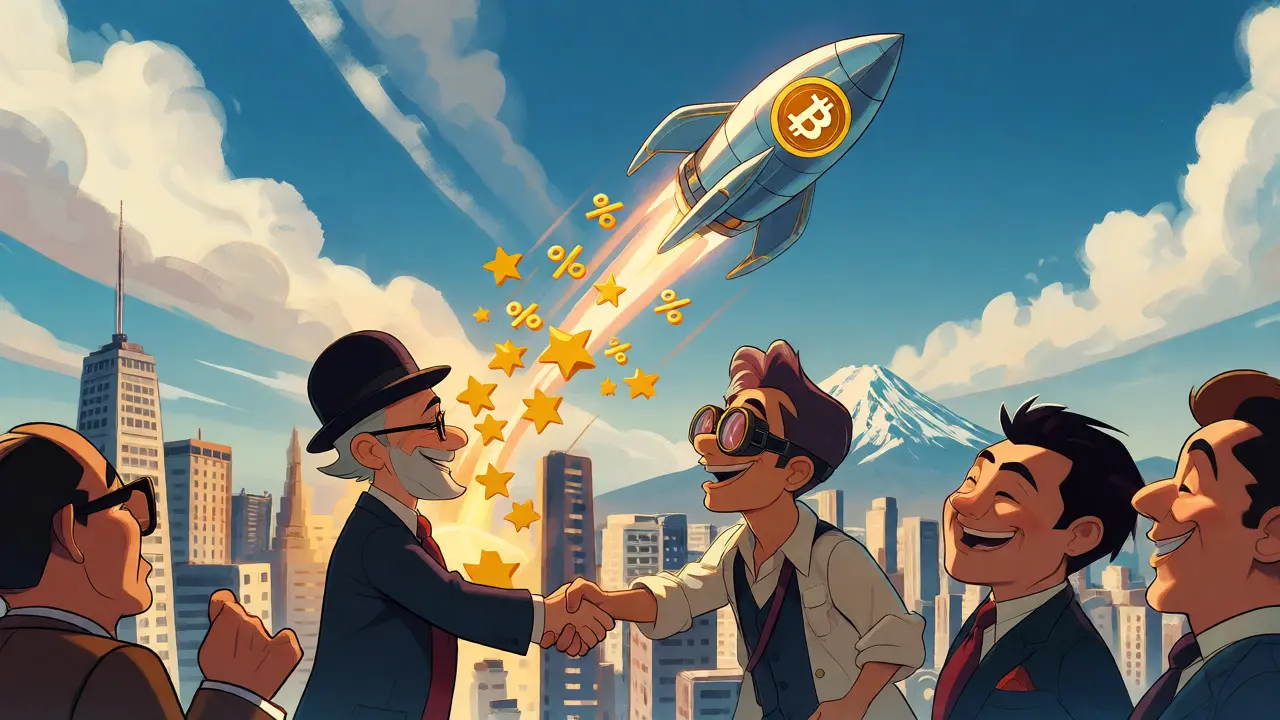 Cartoon rocket launching from Tokyo as investors shake hands under a bright sky.