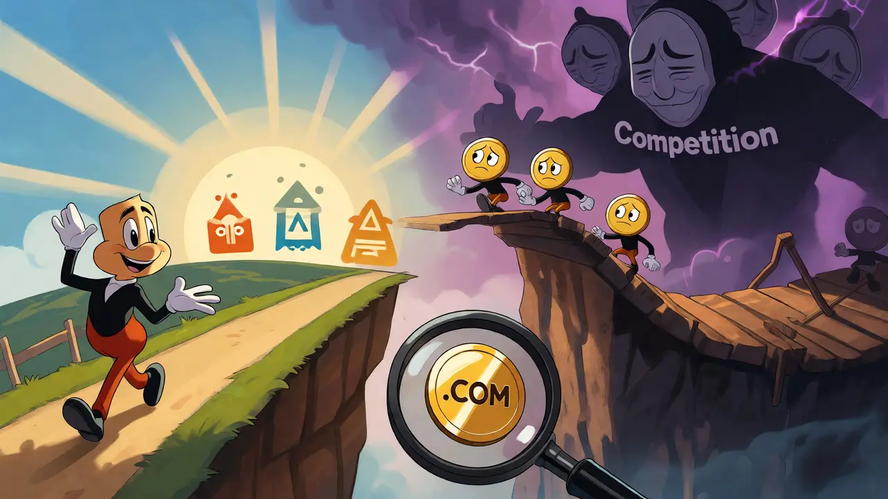 Cartoon scene contrasting safe adoption paths with risky, wobbly bridges for crypto tokens.