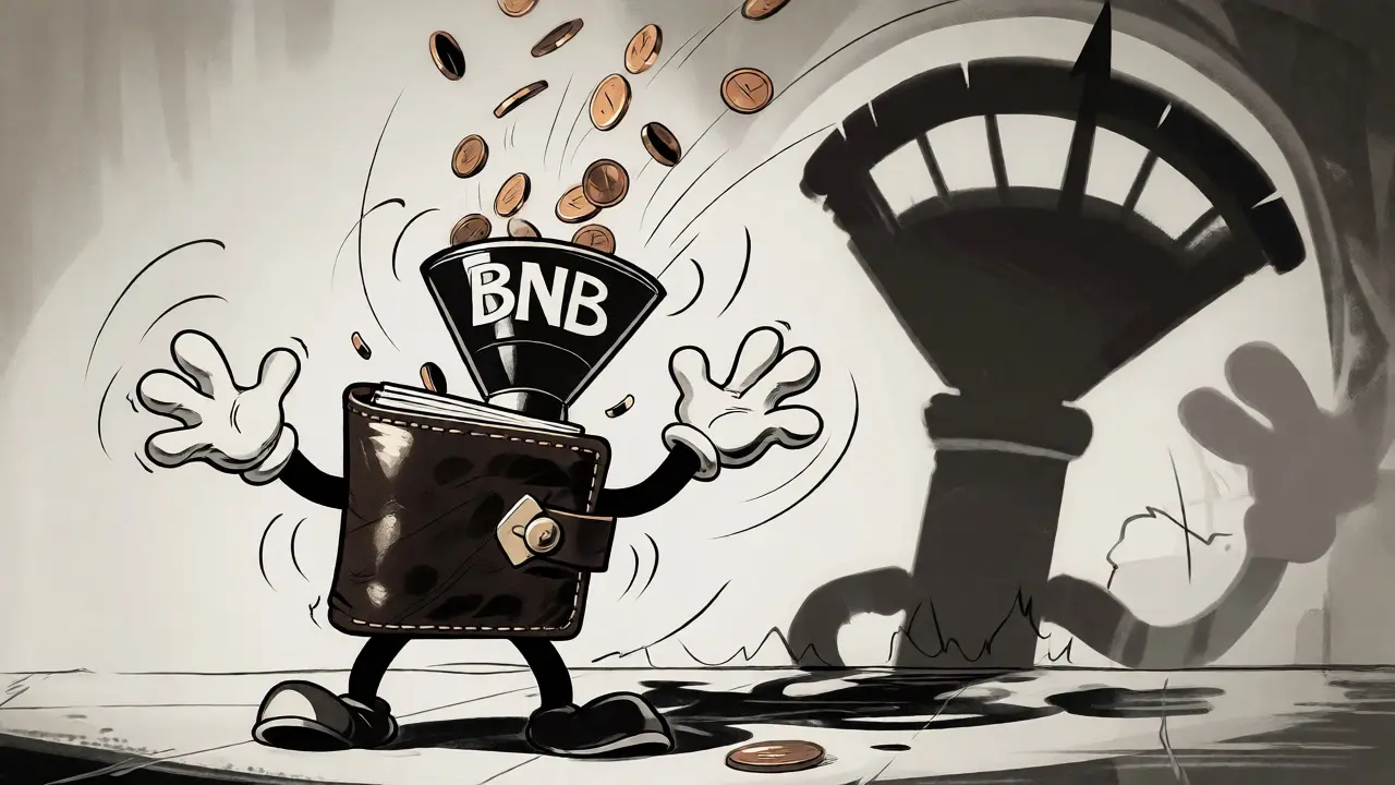 Cartoon wallet catching falling pennies under a looming gas fee shadow.