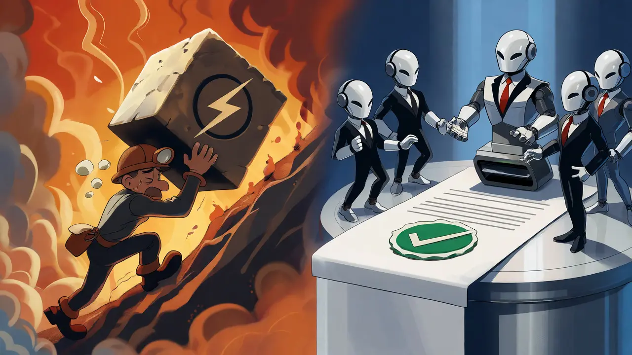 Contrast between a struggling miner and efficient robotic bankers reaching consensus.