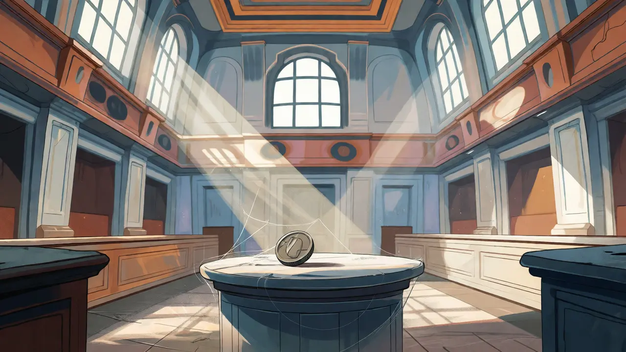 Empty, dusty trading floor with a single lonely coin representing low liquidity.