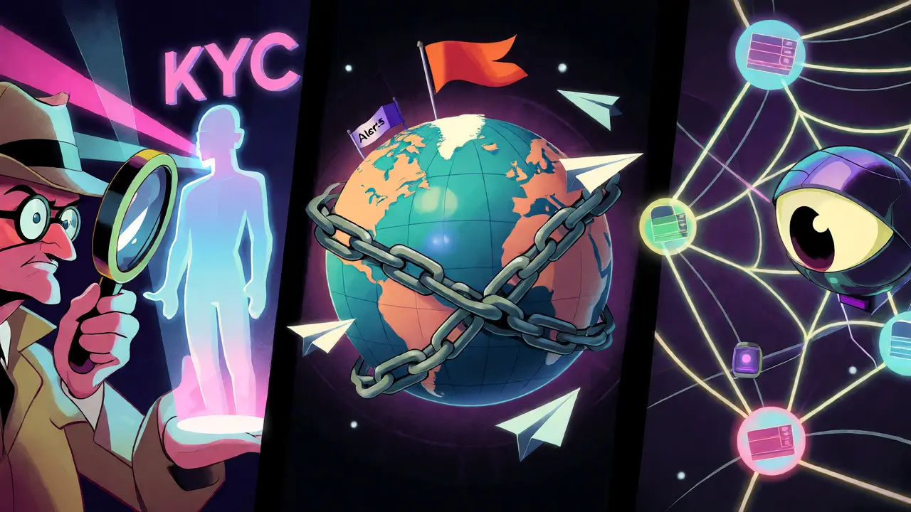 Fleischer-style illustration of KYC, AML, and transaction monitoring pillars.
