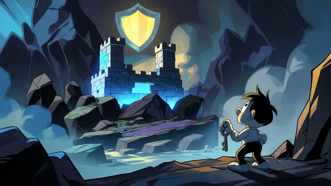 Fortress on an island surrounded by jagged rocks representing exchange security