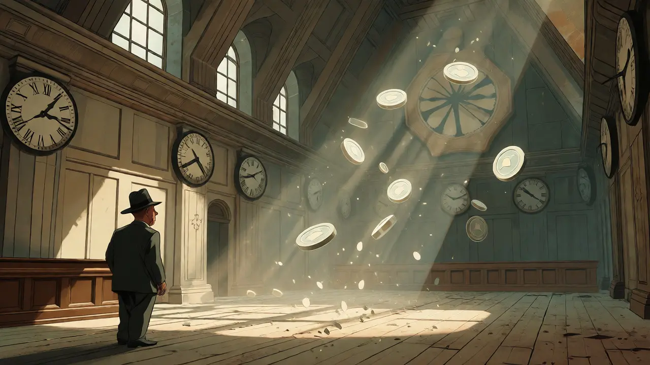 Investor watching ghostly tokens drift in an empty, dusty trading room.